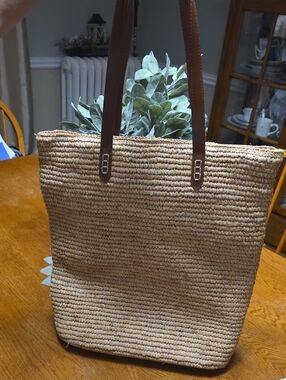 Woven Straw Tote Bag with Brown Leather Handles